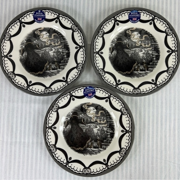 Royal Stafford Halloween Guardian Sorcerer Moon Witch Salad Plates Set of 3 New - Picture 1 of 6